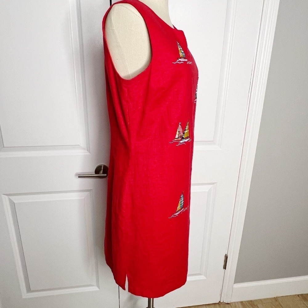 Vintage Dressbarn Shift Red Linen Blend Sailboat Embroidered Coastal Dress 12 - Picture 4 of 6